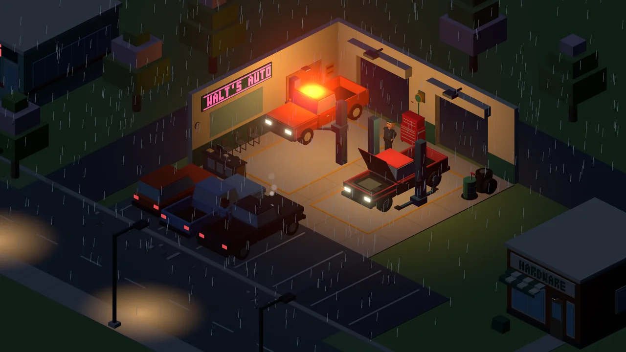 Key art: Walt's Auto at dusk in the rain, the neon sign lit.